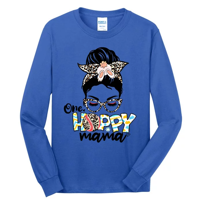 One Hoppy Easter Baseball Mom Bunny Leopard Messy Bun Eggs Cool Gift Tall Long Sleeve T-Shirt