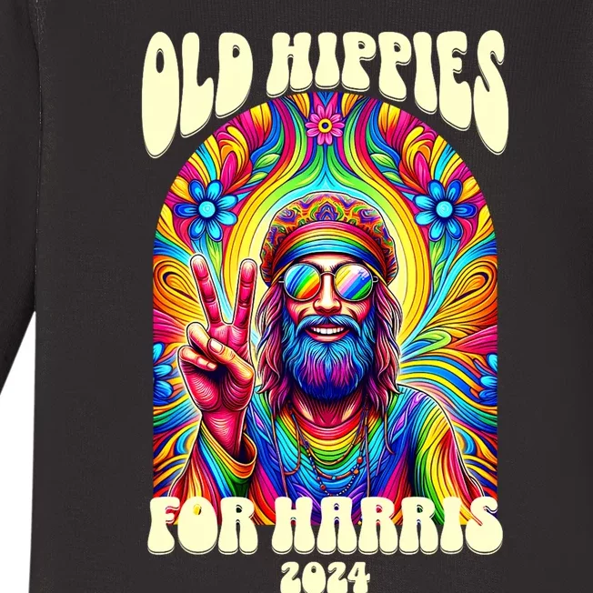 Old Hippies For Harris 2024 Kamala Harris Madam President Baby Long Sleeve Bodysuit