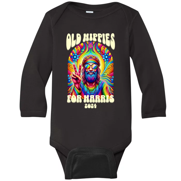 Old Hippies For Harris 2024 Kamala Harris Madam President Baby Long Sleeve Bodysuit