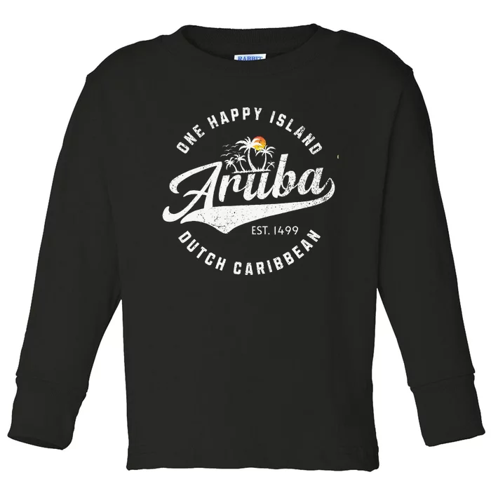 One Happy Island Aruba Script Lettering Vintage Logo Art Toddler Long Sleeve Shirt