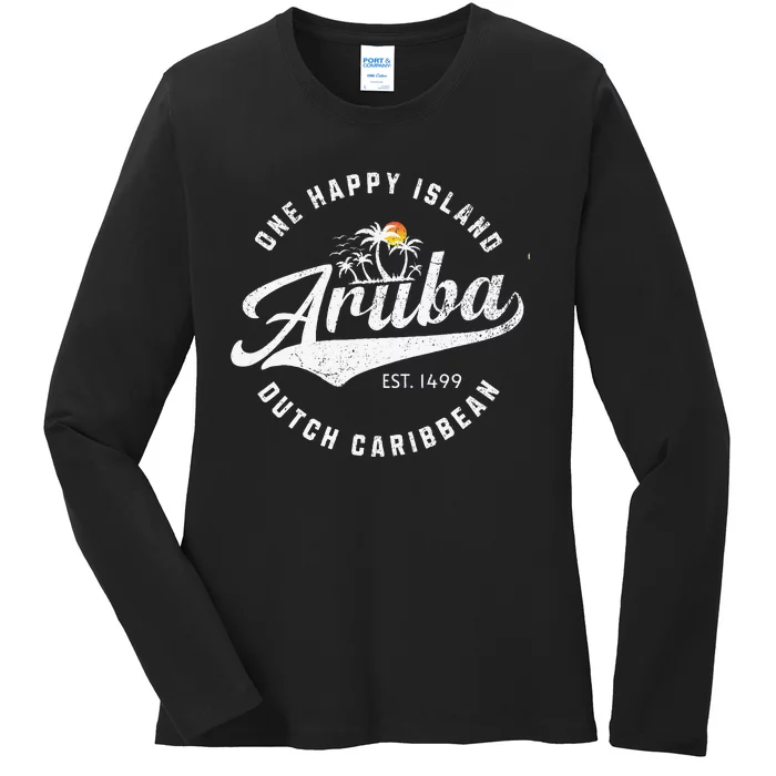 One Happy Island Aruba Script Lettering Vintage Logo Art Ladies Long Sleeve Shirt