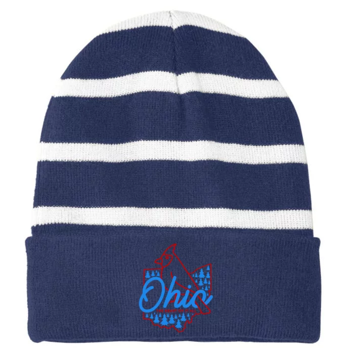 Ohio The Heart Of It All State Bird Cardinal Striped Beanie with Solid Band