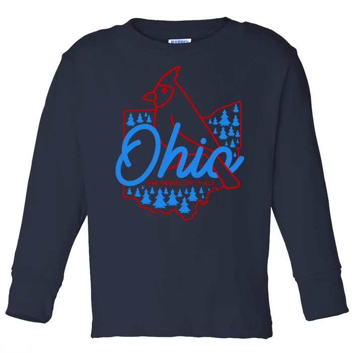 Ohio The Heart Of It All State Bird Cardinal Toddler Long Sleeve Shirt