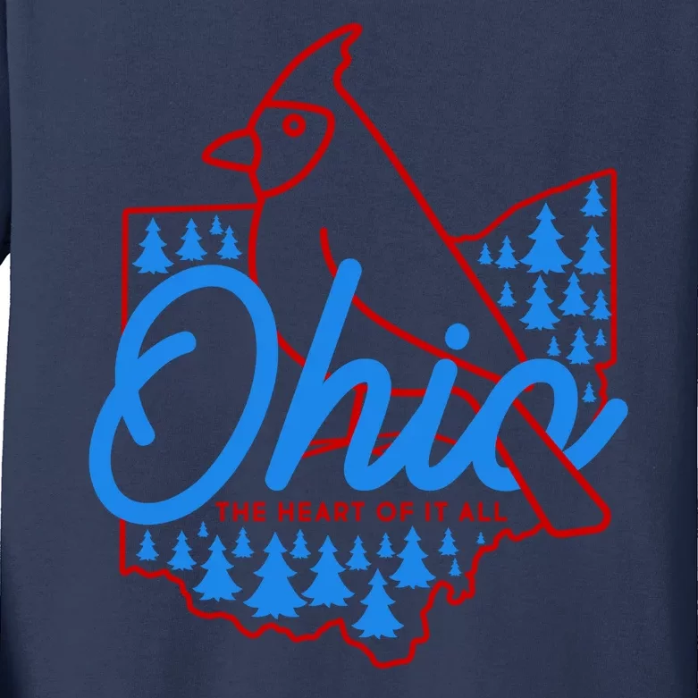 Ohio The Heart Of It All State Bird Cardinal Kids Long Sleeve Shirt