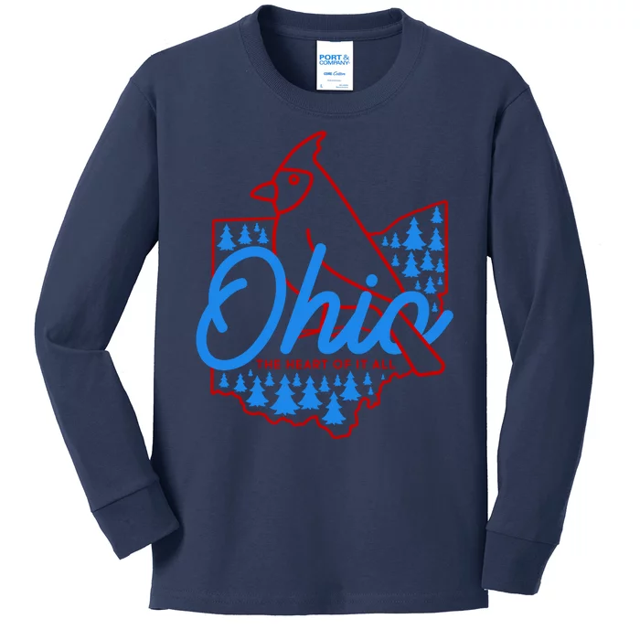 Ohio The Heart Of It All State Bird Cardinal Kids Long Sleeve Shirt