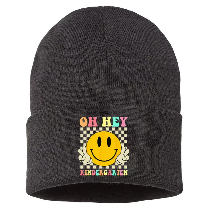 Oh Hey Kindergarten Hippie Smile Face Retro Back To School Sustainable Knit Beanie