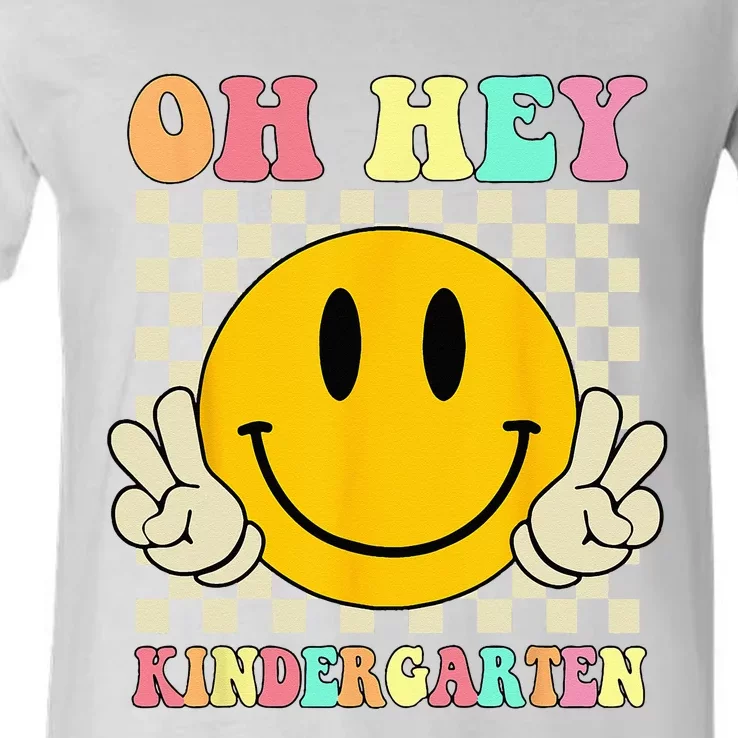 Oh Hey Kindergarten Hippie Smile Face Retro Back To School V-Neck T-Shirt