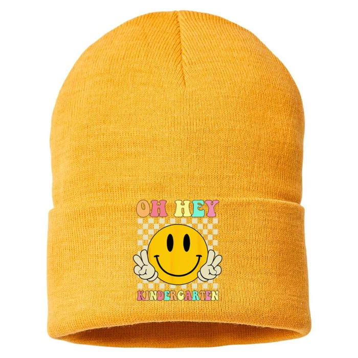 Oh Hey Kindergarten Hippie Smile Face Retro Back To School Sustainable Knit Beanie