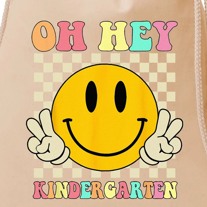 Oh Hey Kindergarten Hippie Smile Face Retro Back To School Drawstring Bag