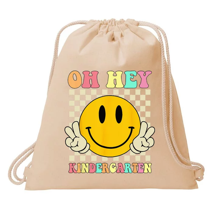 Oh Hey Kindergarten Hippie Smile Face Retro Back To School Drawstring Bag