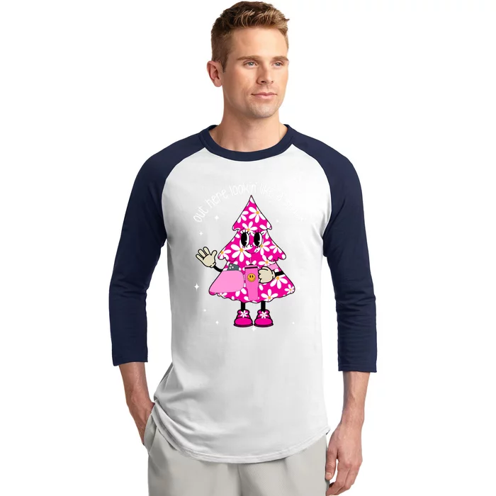 Out Here Lookin Like A Snack Funny Christmas Pink Tree Gift Baseball Sleeve Shirt