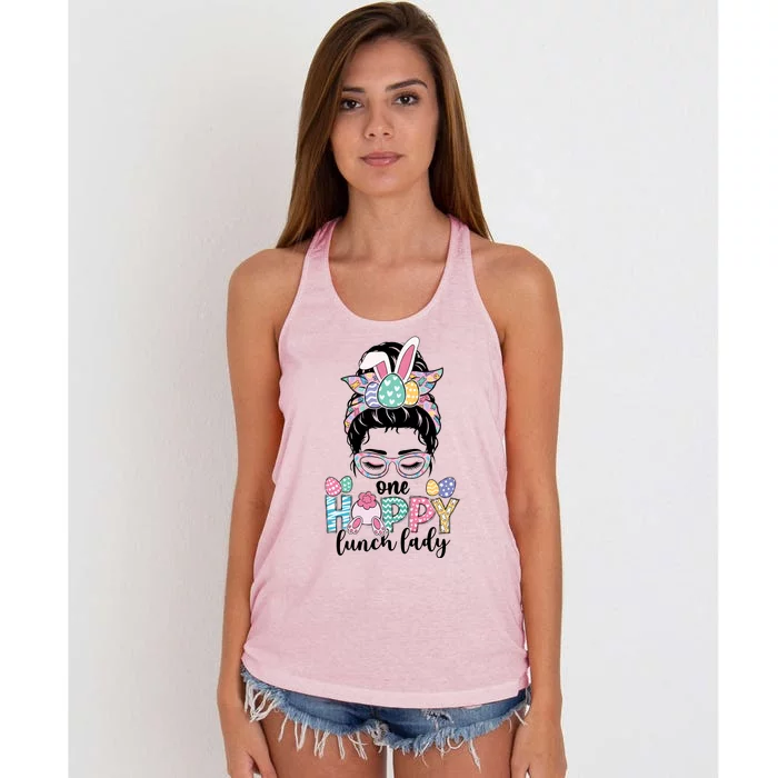 One Hoppy Lunch Lady Happy Easter Day Lunch Lady Bunny Gift Idea Women's Knotted Racerback Tank