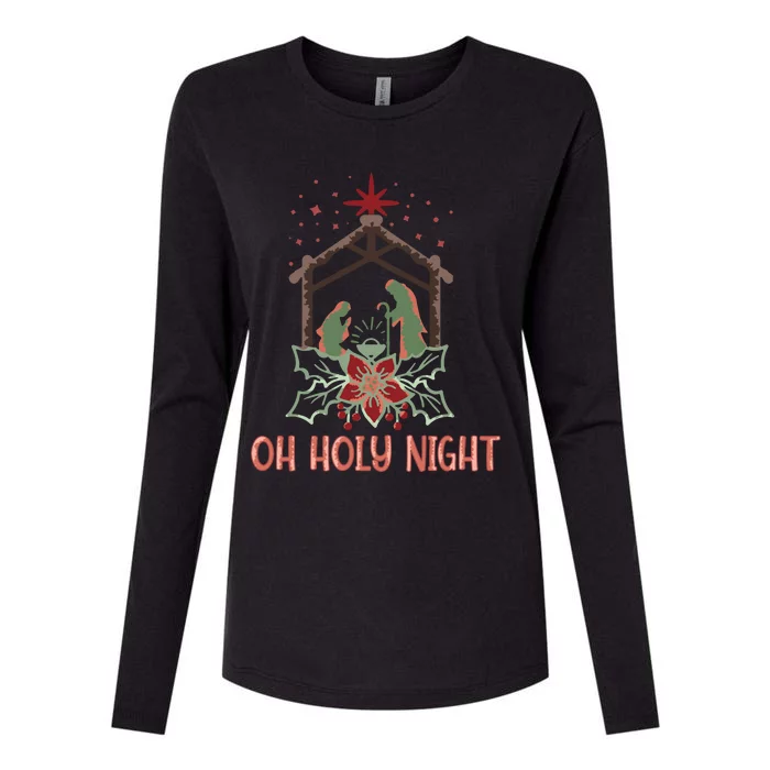 Oh Holy Night Christian Retro Christmas Religious Graphic Plus Size Womens Cotton Relaxed Long Sleeve T-Shirt