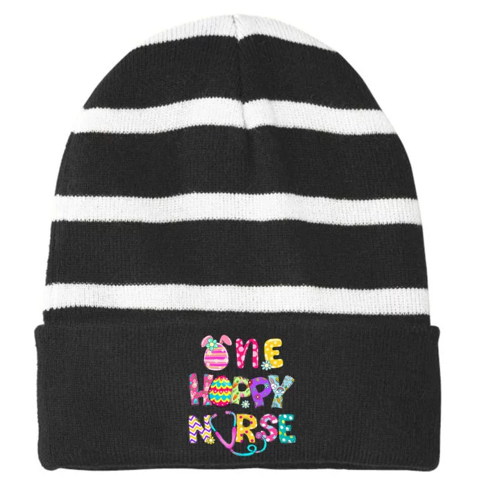 One Hoppy Registered Nurse Easter Bunny Ears Dyed Egg Striped Beanie with Solid Band