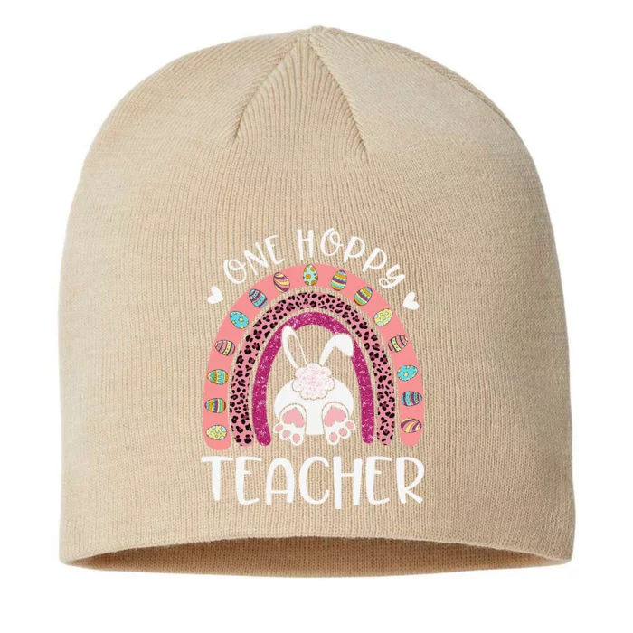 One Hoppy Teacher Happy Easter Day Funny Rainbow Leopard 8 1/2in Sustainable Knit Beanie