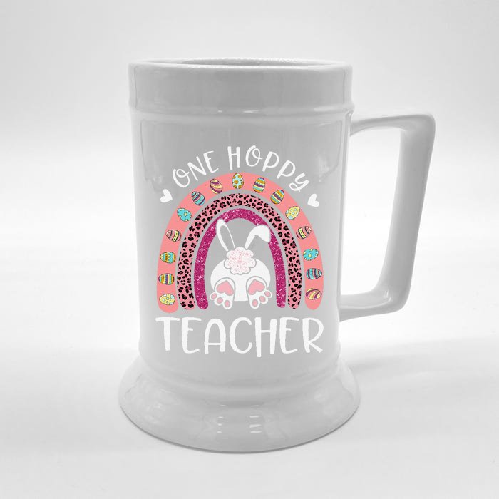 One Hoppy Teacher Happy Easter Day Funny Rainbow Leopard Front & Back Beer Stein