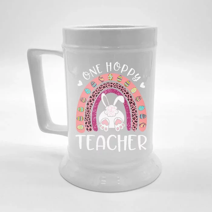 One Hoppy Teacher Happy Easter Day Funny Rainbow Leopard Front & Back Beer Stein