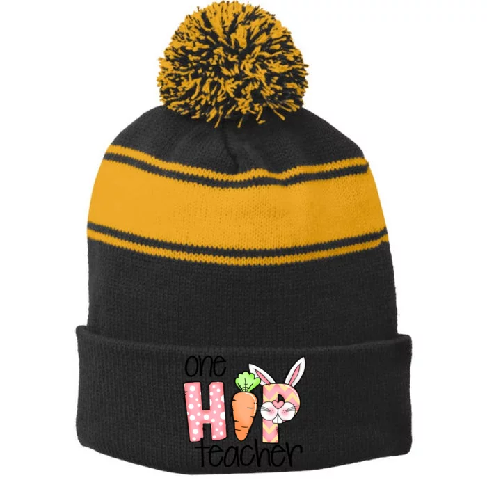 One Hip Teacher Happy Easter Bunny Easter Day Gift Stripe Pom Pom Beanie