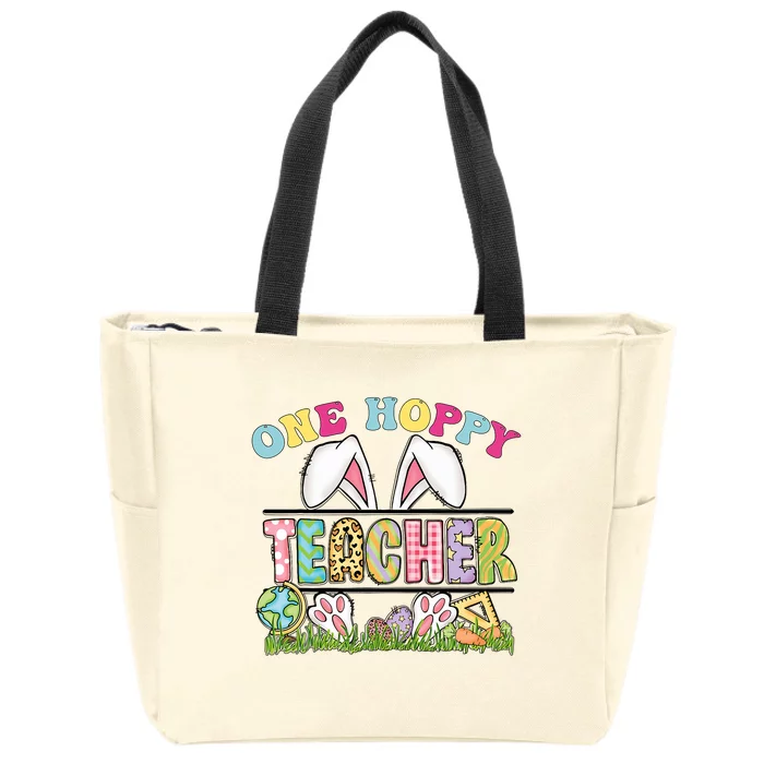 One Hoppy Teacher Rainbow Funny Teacher Easter Day 2024 Zip Tote Bag