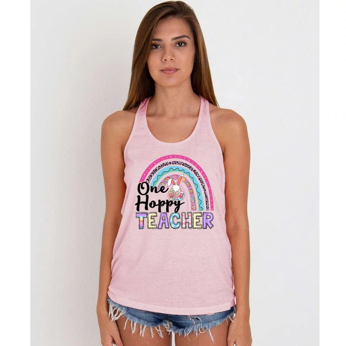 One Hoppy Teacher Bunny Eggs Hunter Easter Rainbow Cute Gift Women's Knotted Racerback Tank