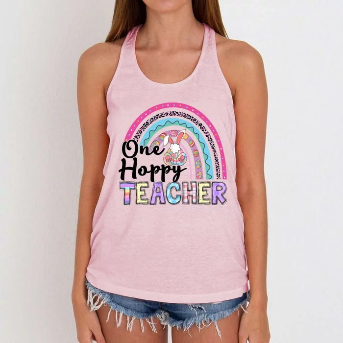 One Hoppy Teacher Bunny Eggs Hunter Easter Rainbow Cute Gift Women's Knotted Racerback Tank