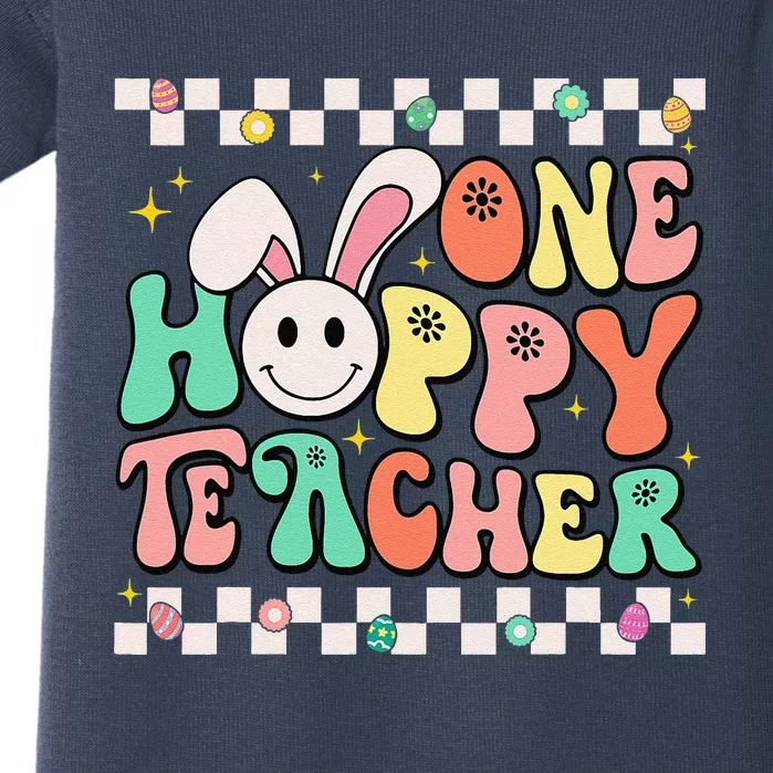 One Hoppy Teacher Bunny Easter Day Groovy Retro Baby Bodysuit