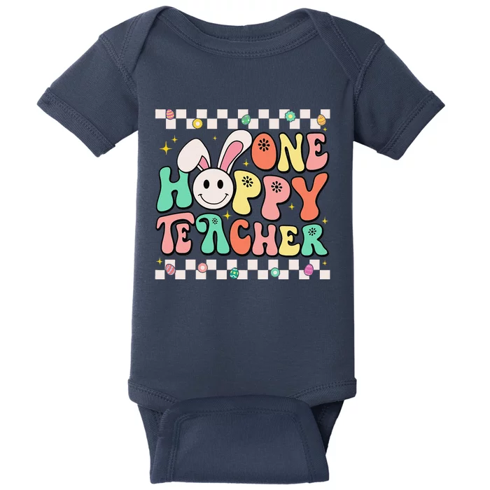 One Hoppy Teacher Bunny Easter Day Groovy Retro Baby Bodysuit