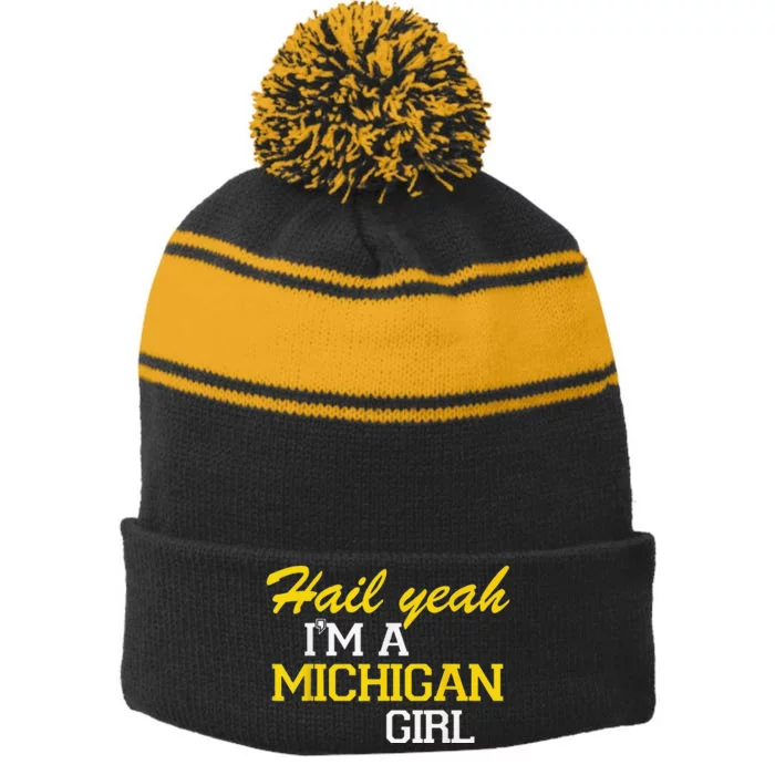 Oh Hail Yeah Michigan Michigander Pride Distressed Stripe Pom Pom Beanie