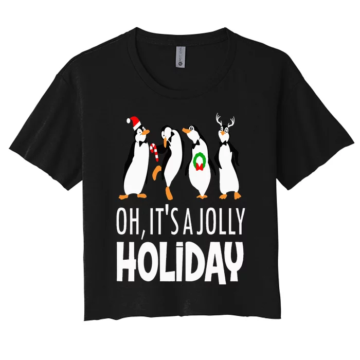 Oh It’s A Jolly a Holidays Christmas Penguin Box Santa Hat Women's Crop Top Tee