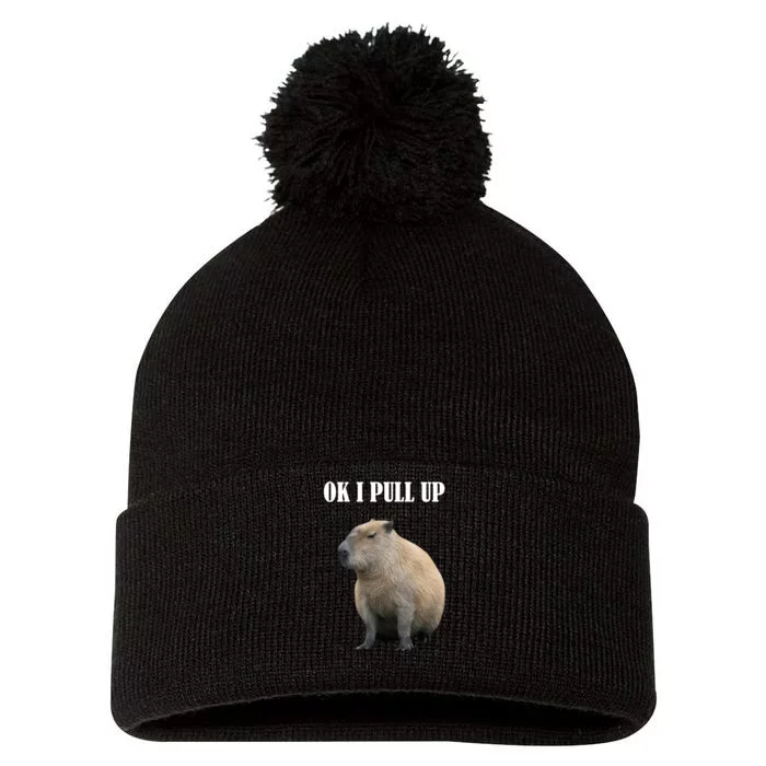 Ok I Pull Up Capybara Funny Pom Pom 12in Knit Beanie