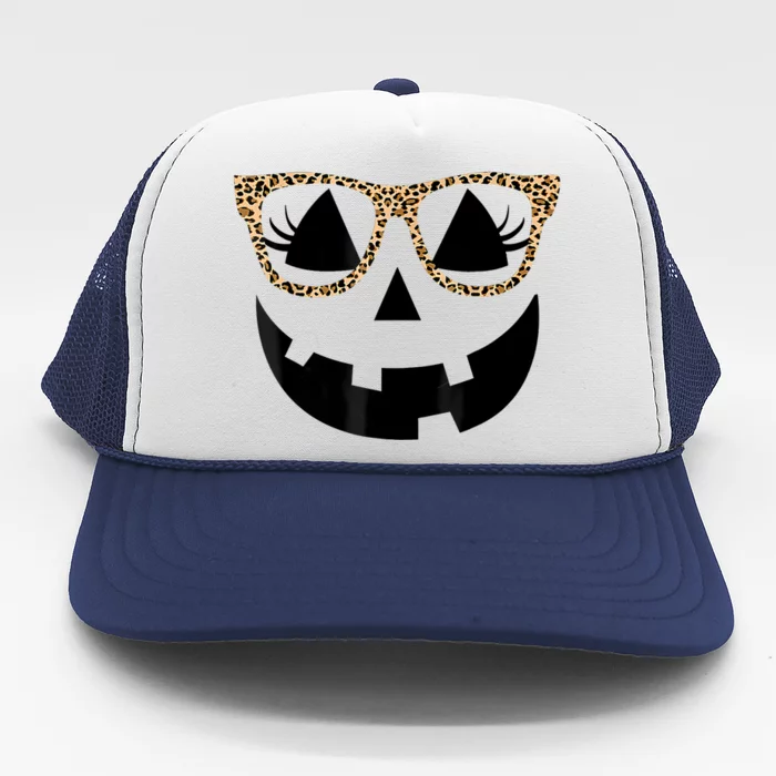 Orange Jack O Lantern Face Pumpkin Hallowen Leopard Glasses Trucker Hat