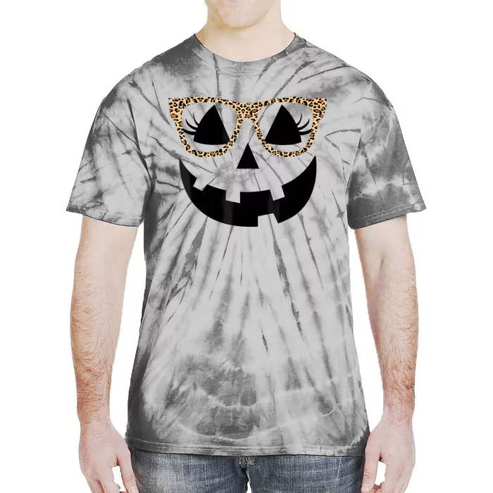 Orange Jack O Lantern Face Pumpkin Hallowen Leopard Glasses Tie-Dye T-Shirt