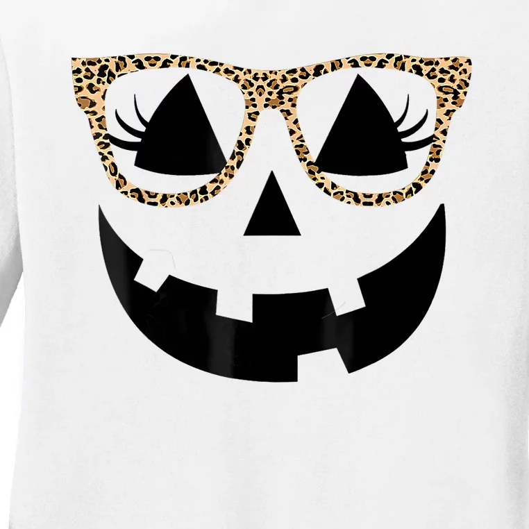 Orange Jack O Lantern Face Pumpkin Hallowen Leopard Glasses Ladies Long Sleeve Shirt