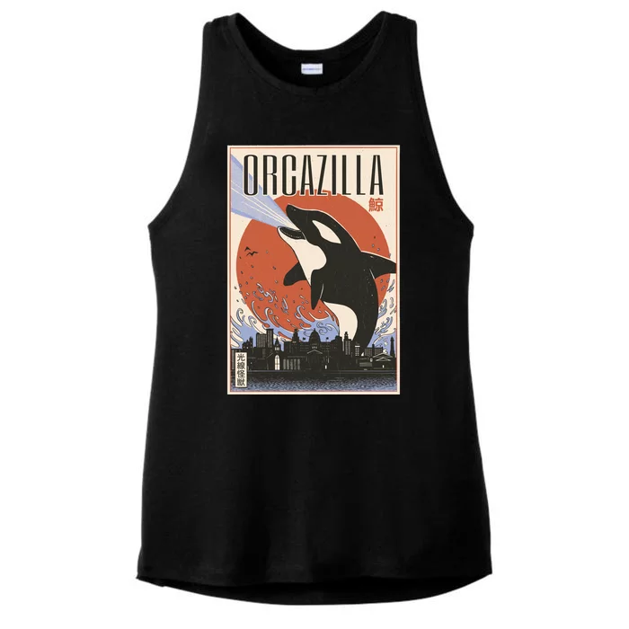 Orcazilla Japanese Poster Orca Ladies Tri-Blend Wicking Tank