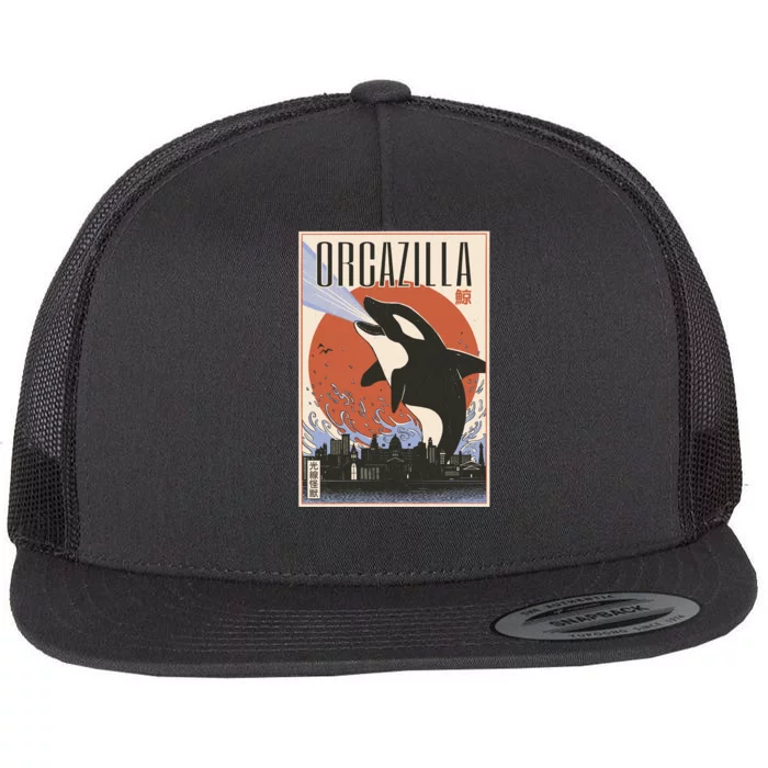 Orcazilla Japanese Poster Orca Flat Bill Trucker Hat