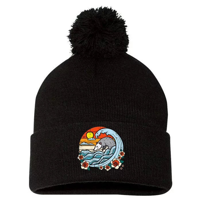 Opossum Japanese Wave Retro Surfer Possum Pom Pom 12in Knit Beanie