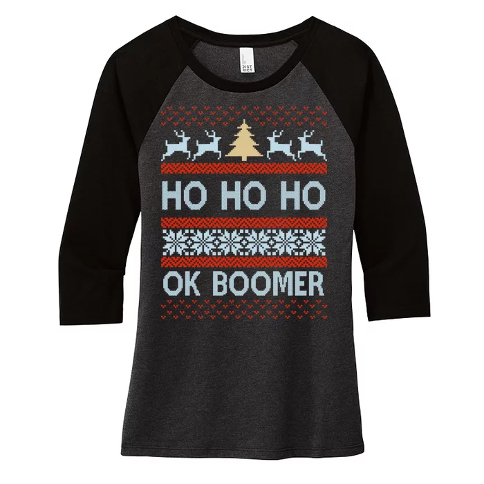 Ok Boomer Funny Ugly Christmas Sweater Ho Ho Ho Women's Tri-Blend 3/4-Sleeve Raglan Shirt