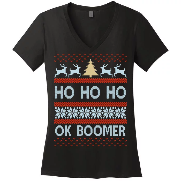 Ok Boomer Funny Ugly Christmas Sweater Ho Ho Ho Women's V-Neck T-Shirt