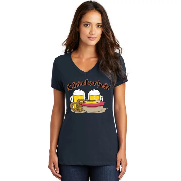 Oktoberfest Beer Pretzel Hot Dog Women's V-Neck T-Shirt