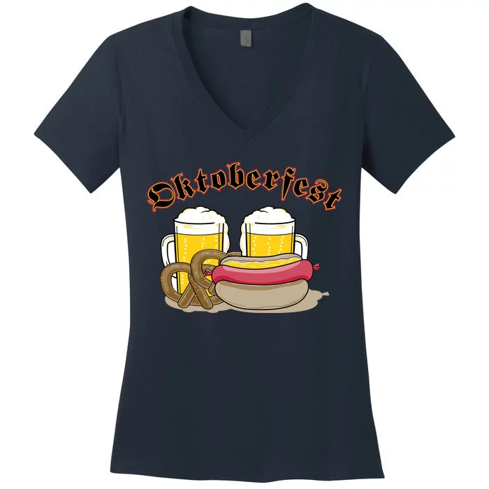 Oktoberfest Beer Pretzel Hot Dog Women's V-Neck T-Shirt