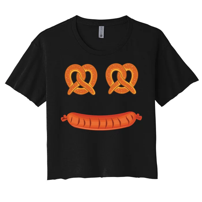 Oktoberfest Pretzel Sausage Smiley Face Women's Crop Top Tee