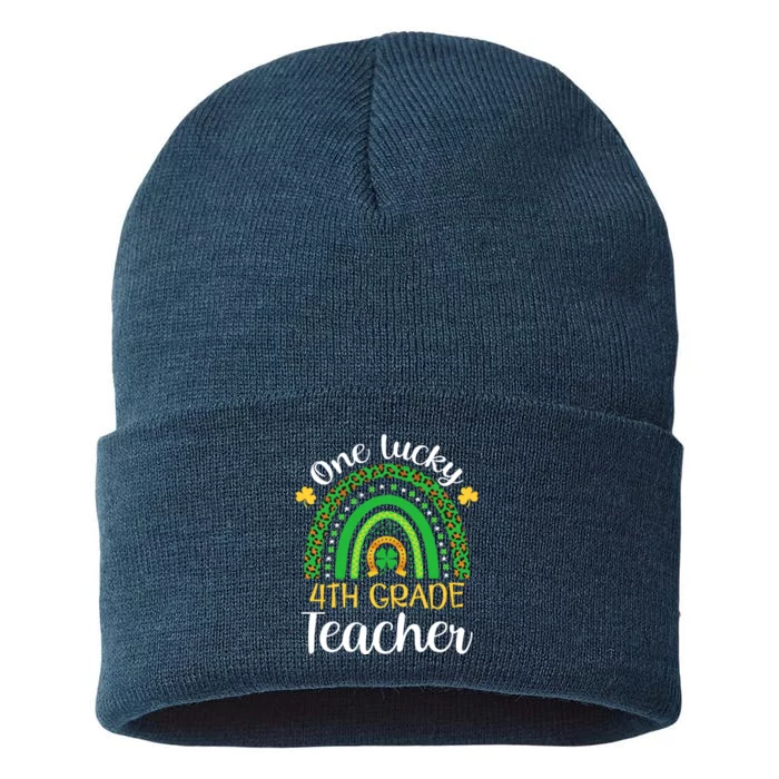 One Lucky 4th Grade Teacher St Patricks Day Teacher Rainbow Graphic Plus Size Sustainable Knit Beanie