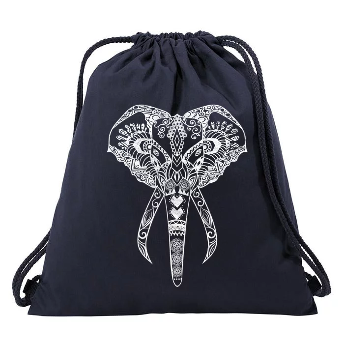 Ornate Line Art Aesthetic Elephant Print Animal Lover Yoga Meaningful Gift Drawstring Bag