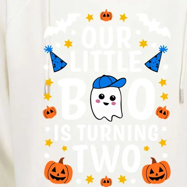 Our Little Boo Is Turning Two Yr 2nd Birthday Halloween Gift Womens Funnel Neck Pullover Hood