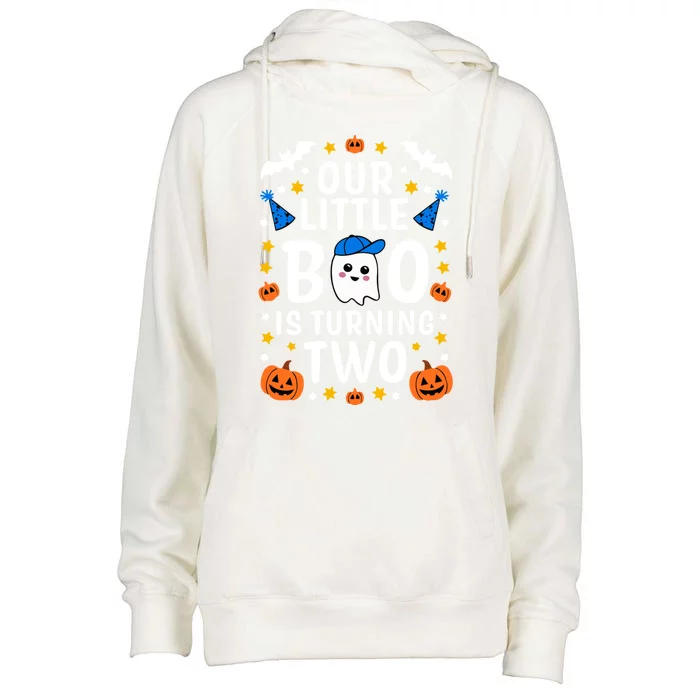 Our Little Boo Is Turning Two Yr 2nd Birthday Halloween Gift Womens Funnel Neck Pullover Hood