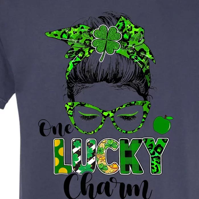 One Lucky Charm Messy Bun Shamrock St Patrick's Day Women Garment-Dyed Heavyweight T-Shirt