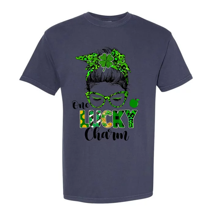 One Lucky Charm Messy Bun Shamrock St Patrick's Day Women Garment-Dyed Heavyweight T-Shirt