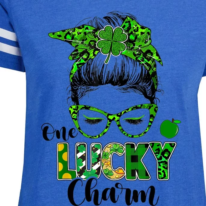 One Lucky Charm Messy Bun Shamrock St Patrick's Day Women Enza Ladies Jersey Football T-Shirt