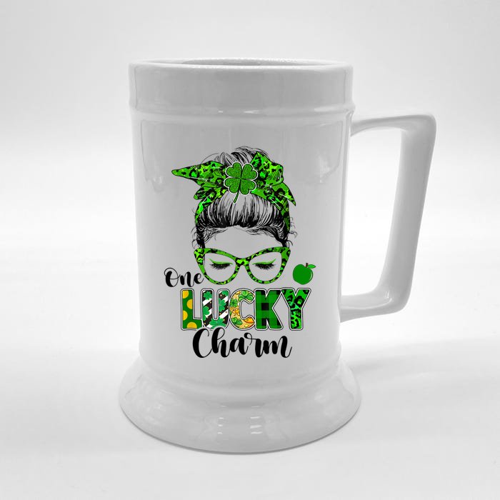 One Lucky Charm Messy Bun Shamrock St Patrick's Day Women Front & Back Beer Stein