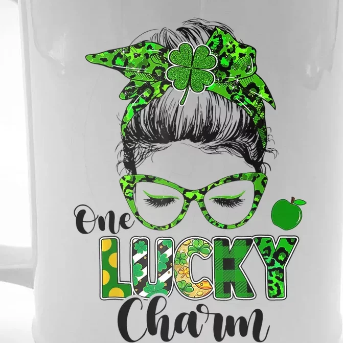 One Lucky Charm Messy Bun Shamrock St Patrick's Day Women Front & Back Beer Stein